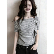 批发欧货高端定制别致格纹大码上衣<b class='q'>女</b>2026夏季<b class='q'>新款</b>小众百搭设计感短袖