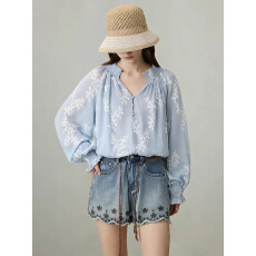 批发蓝色设计感法式刺绣雪纺衬衫<b class='q'>女</b>春季<b class='q'>新款</b>V领灯笼袖小资别致上衣