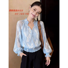 批发法式气质蓝色刺绣<b class='q'>真丝</b>长袖<b class='q'>衬衫</b>女春秋V领灯笼袖防晒上衣优雅<b class='q'>衬衣</b>