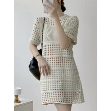 批发韩系简约针织连衣裙<b class='q'>女</b>春夏镂空短袖老钱风叠穿短裙短裙<b class='q'>毛衣</b>裙2026