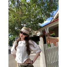 批发aaaaxbbb 巴拿马玫瑰 中袖娃娃领纯棉白衬衫抓襟花边<b class='q'>泡泡袖</b><b class='q'>上衣</b>女