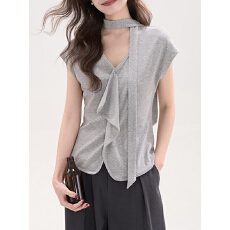 批发梦境气泡~荷叶飘带短袖T恤女春夏2026显瘦v领<b class='q'>上衣</b>设计感韩系简约