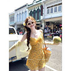 批发Acaine中长款蕾丝吊带碎花收腰v领连衣裙女夏季纯欲法式气质裙子