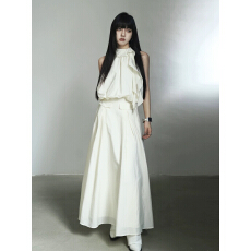 批发呆毛法式套装女<b class='q'>夏</b>荷叶边无袖背心挂脖上衣高腰中长款半身裙两件套