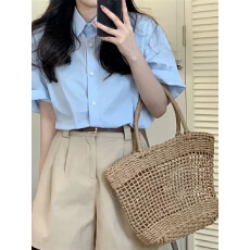 批发蓝色衬衫女夏季正装通勤<b class='q'>职业</b>休闲BF风短袖衬衣开衫设计感小众上衣