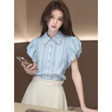 批发法式蓝色polo领条纹短袖衬衫女2026新款<b class='q'>夏</b>季设计感衬衣泡泡袖上衣
