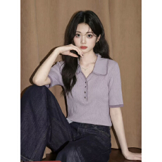 批发紫色V领短袖T恤女2026夏新款polo领冰丝针织正肩半袖体恤短款上衣