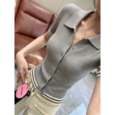 批发法式POLO领撞色条纹短袖针织衫女2026夏季新款时尚减龄显瘦上衣潮