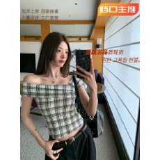 批发牙套大汪锁骨杀手格子一字肩无袖<b class='q'>t</b><b class='q'>恤</b>短款<b class='q'>修身</b>显瘦黑色上衣