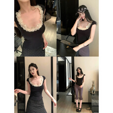 批发Wuu2sweet吴太甜 大U领蕾丝边短袖T恤女夏季修身显瘦收腰纯欲<b class='q'>上衣</b>