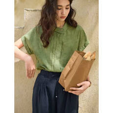 批发solighters 法式亚麻提花不对称翻领衬衫女夏季2025新款短袖上衣