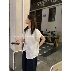批发韩系松弛感穿搭宽松短袖苎麻衬衫女夏<b class='q'>设计</b>感小众白色立领棉麻开衫