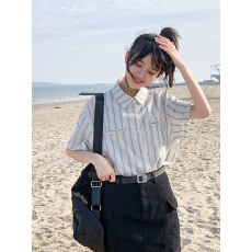 批发自制海岸线条纹显瘦直筒短袖衬衫宽松春夏款少女