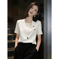 批发新中式国风短袖女夏季新款圆领提花宽松薄款醋酸缎面<b class='q'>t</b><b class='q'>恤</b>上衣