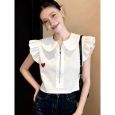 批发法式<b class='q'>设计</b>感娃娃领可爱减龄衬衫女夏季新款爱心刺绣小众半拉链上衣