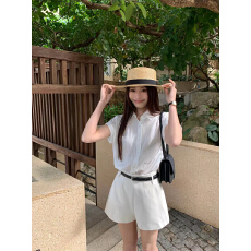 批发法式气质翻领单排扣亚麻短袖衬衫女夏季松弛感老钱风小飞袖上衣