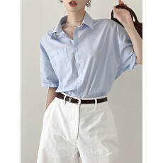 批发夏季<b class='q'>通勤</b>polo领浅蓝色短袖衬衫女夏季新款高级感休闲百搭时髦上衣