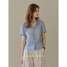 批发SimpleRetros<b class='q'>贝壳</b>低语 天丝苎麻翻领短袖衬衫女复古短款通勤小衫