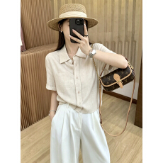 实拍 韩系亚麻短袖衬衫女夏设计感小众通勤宽松休闲衬衣气质上衣