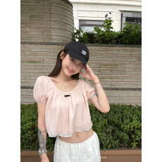 宁司 U领泡泡袖短款T恤女夏季新款韩系撞色拼接显瘦宽松显瘦上衣