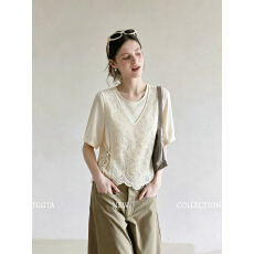 批发温柔风立体浮雕刺绣假两件短袖上衣女夏淑女<b class='q'>范</b>轻薄气质蕾丝衬衫