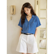 批发韩系简约翻领法式复古V领克莱因蓝短袖衬衫<b class='q'>女</b>百搭<b class='q'>短裤</b>两件套装夏
