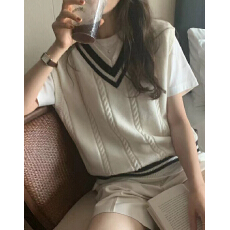 批发学院风撞色V领针织马甲女春秋新款2023叠穿坎肩无袖<b class='q'>毛衣</b><b class='q'>背心</b>外搭