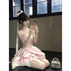 批发avenement/天丝醋酸花苞<b class='q'>蓬蓬裙</b>修身千金风<b class='q'>连衣裙</b>粉色生日裙子女夏