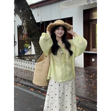 批发绿色木耳边V领衬衫女2026夏季新款长袖清冷感透气减龄防晒上衣