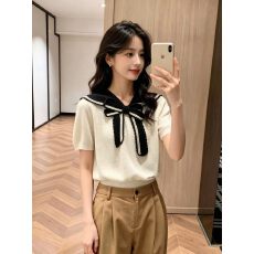 批发2026年夏季<b class='q'>女</b>海军风撞色蝴蝶结T恤<b class='q'>女</b>短袖学院风休闲上衣夏季<b class='q'>新款</b>