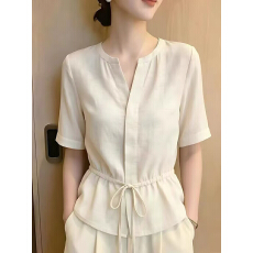 批发已出货 法式<b class='q'>V领</b>衬衫女短袖2026夏季新款收腰设计感系带衬衣上衣