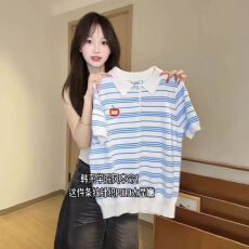 批发条纹POLO领短袖针织衫女夏季薄款小众设计感显瘦学院风短款上衣潮