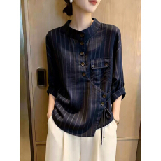 批发2026年夏季新品女装藏蓝色<b class='q'>休闲</b>风日常显瘦条纹排扣系带立领上衣