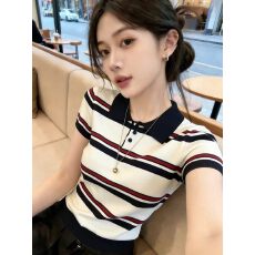 批发韩系POLO领撞色<b class='q'>条纹</b>短袖针织T恤女2026夏季新款修身显瘦洋气上衣