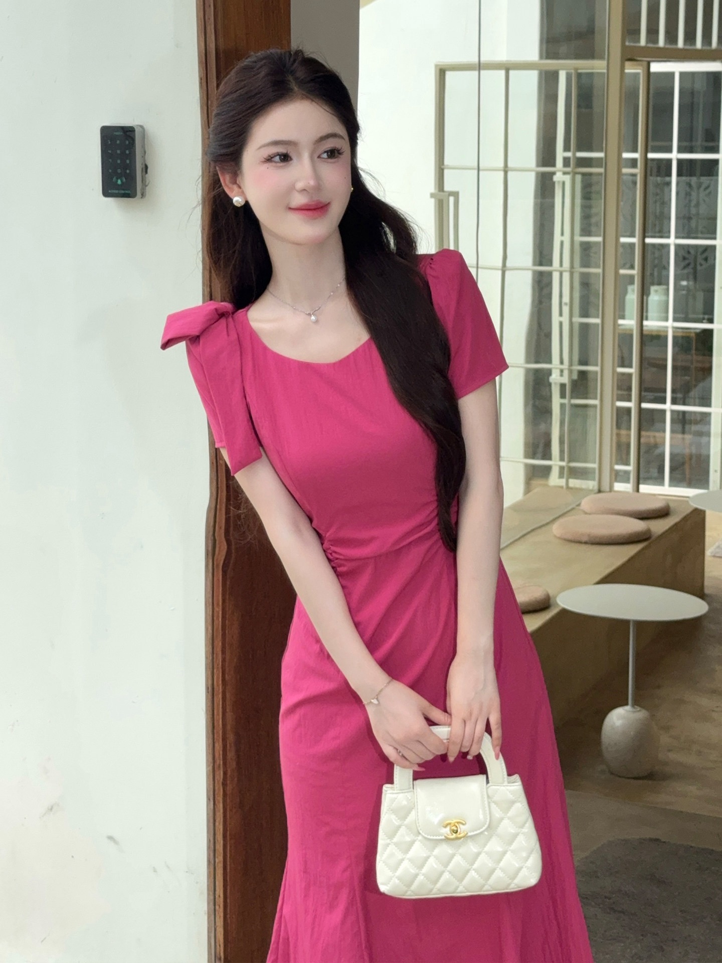 RY7775# LILI李李家树莓少女法式名媛树莓色鱼尾裙夏款显白气质连衣裙