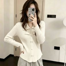 批发小香风蝴蝶结polo领<b class='q'>长袖</b>上衣修身女打底针织衫毛衣内搭