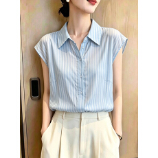 批发2026夏季流行蓝色条纹衬衫女装夏季<b class='q'>轻熟</b>法式小众独特别致上衣