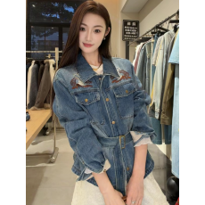 批发港风复古重工刺绣牛仔外套女翻领收腰系带洋气显瘦百搭夹克上衣潮