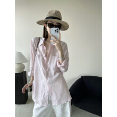 批发韩系简约高级感粉色亚麻衬衫女上衣<b class='q'>外套</b>轻奢宽松长袖薄款衬衣上衣