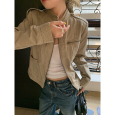 批发yoyozizhi 立领做旧美式复古短款牛仔外套女早秋新款正肩夹克上衣