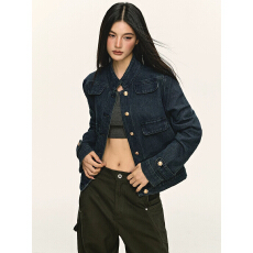 批发aneae深蓝色牛仔外套女春秋复古<b class='q'>设计</b>感立领修身短款夹克上衣