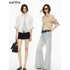 批发salthes*天丝棉假两件撞色条纹立领夹克女拼接翻袖<b class='q'>短</b>款休闲<b class='q'>短</b>外套