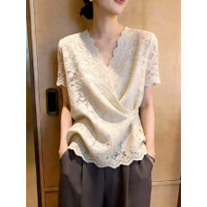 批发2026年秋季新品女时尚<b class='q'>蕾丝</b>V领上衣轻薄透气显瘦温婉素雅日常上衣