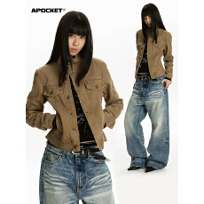 批发Apocket美式<b class='q'>街头</b>斜门襟设计感立领牛仔外套女修身短款工装夹克潮