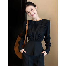 批发高端精致收腰黑色衬衫女早秋2026年新款百搭减龄小衫法式褶皱衬衣