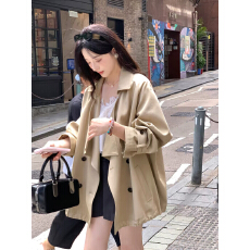 批发<b class='q'>夏</b>诗文 莱赛尔天丝棉撞色扣荡领上衣女秋廓形可调节扣袢风衣外套