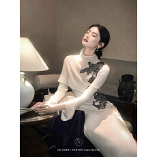 批发2026新款秋枫叙新中式针织连衣裙女早秋法式斗篷披肩长袖<b class='q'>旗袍</b>长裙