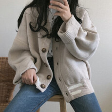 批发针织衫女秋冬<b class='q'>韩版</b>宽松百搭学生V领小外套加厚慵懒风上衣毛衣开衫