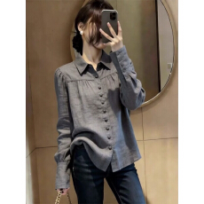 批发韩系法式<b class='q'>设计</b>感灰色长袖衬衫女通勤小众气质上衣2026秋季新款百搭