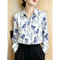 批发法式<b class='q'>印花</b>雪纺衬衫女装长袖上衣秋季新款妈妈翻领小衫气质打底衬衣